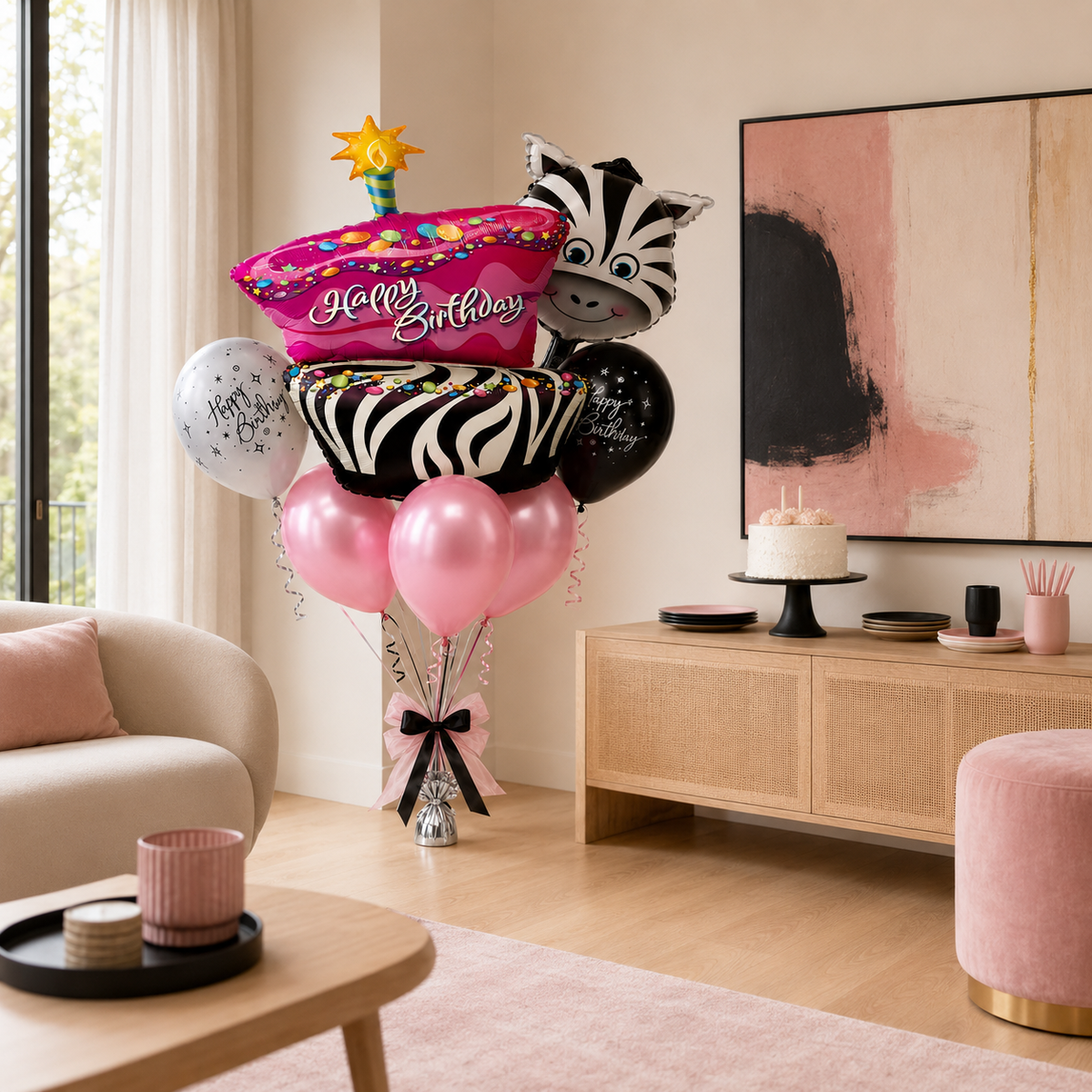 Zebra Glam Happy Birthday Balloons Bouquet