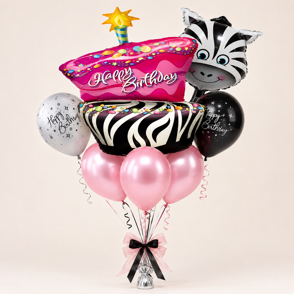 Zebra Glam Happy Birthday Balloons Bouquet