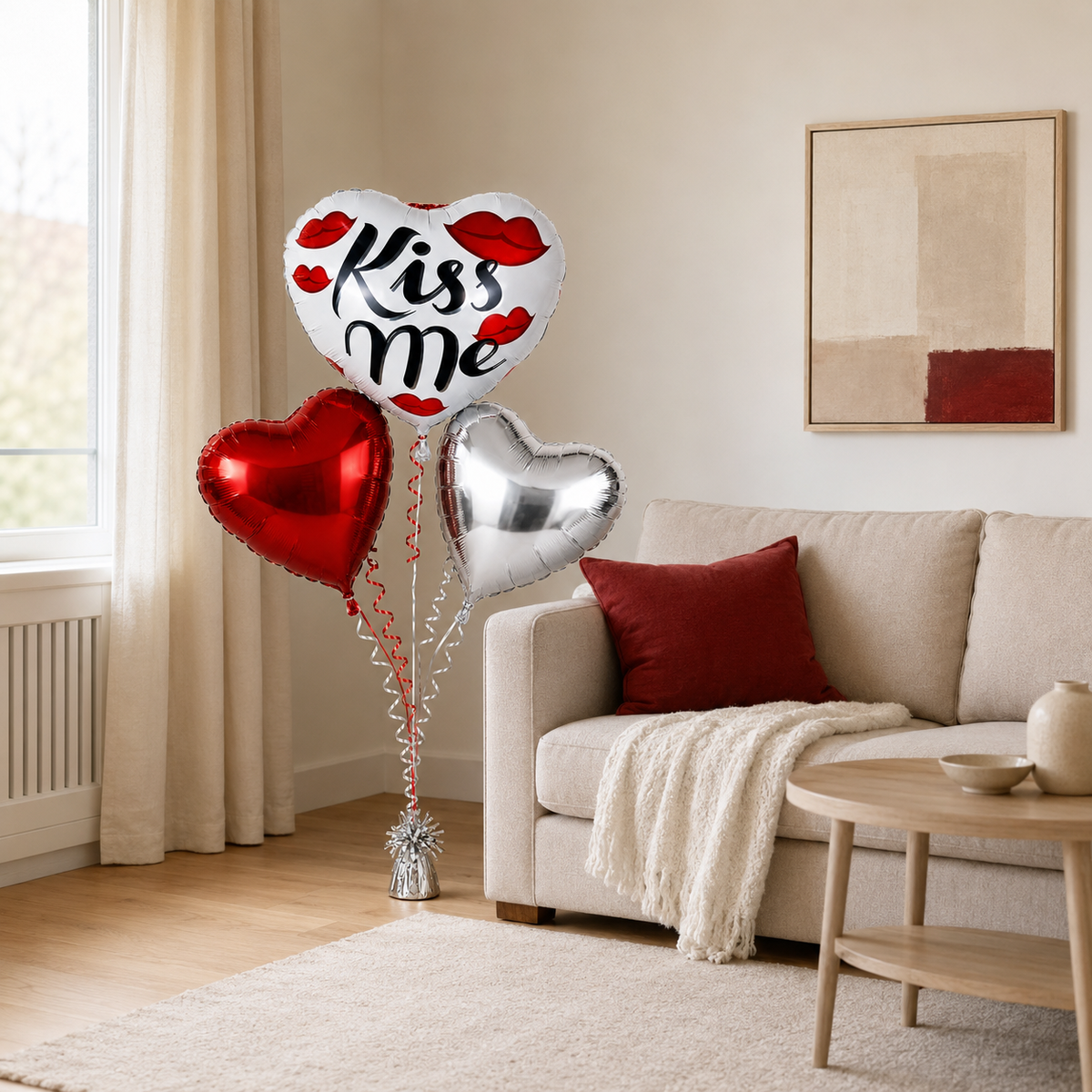 Kiss Me Red & Silver Heart Balloon Bouquet
