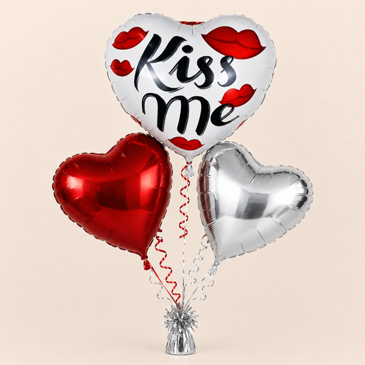 Kiss Me Red & Silver Heart Balloon Bouquet